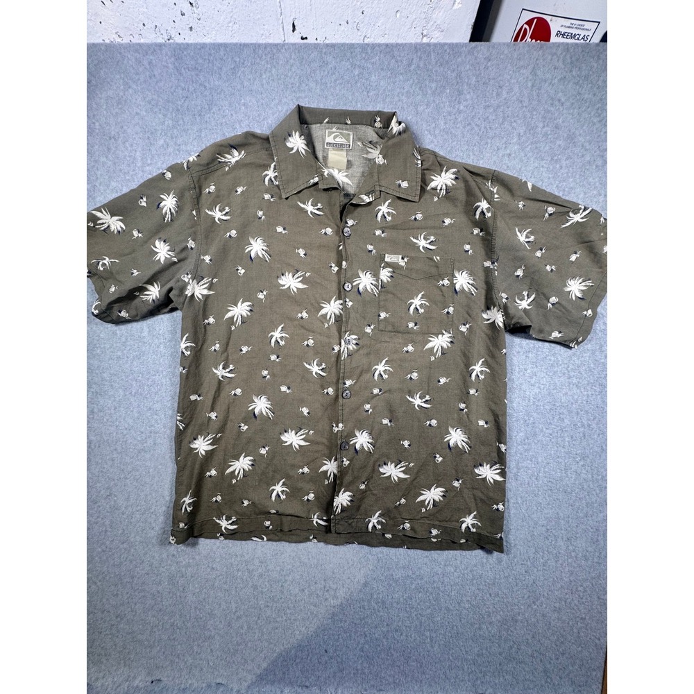 Quiksilver Mens Short Sleeve Palm Tree Button Up Shirt Olive Green Size Medium